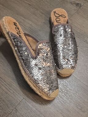 Sam Edelman • "Kerry" Pewter Sequin Espadrille Mules